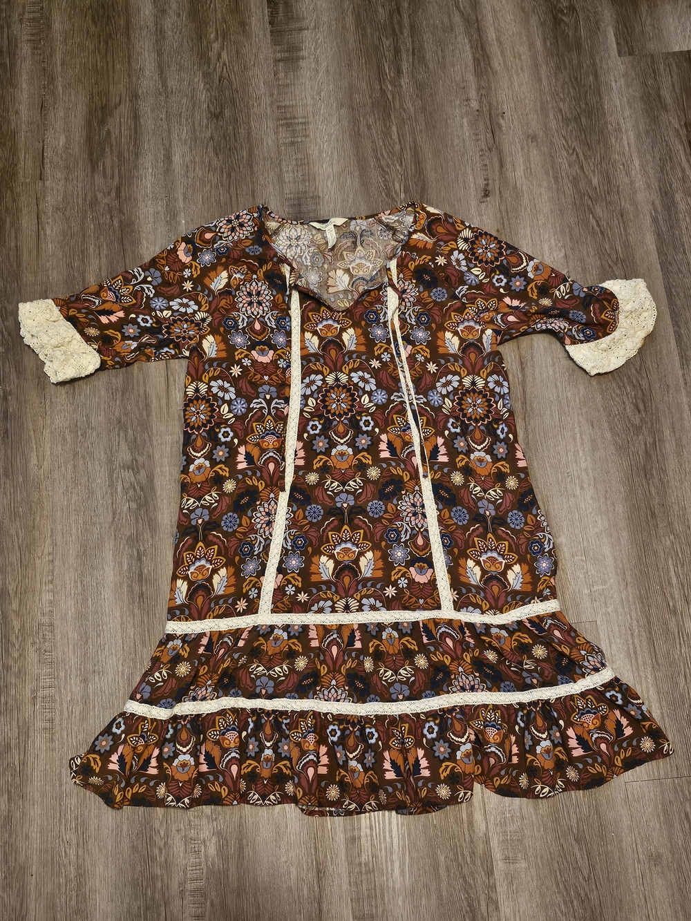 Matilda Jane Brown Floral Lace-Trim Casual Dress with Rust and Blue Accents